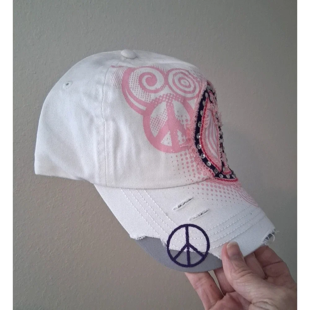 Leader Peace Sign Cadet Cap Distressed Crystal Studded Women's Adjustable White